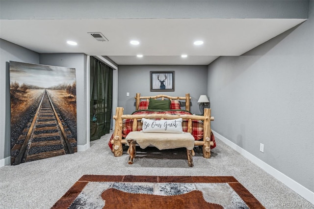 bedroom with recessed lighting, carpet, visible vents, and baseboards