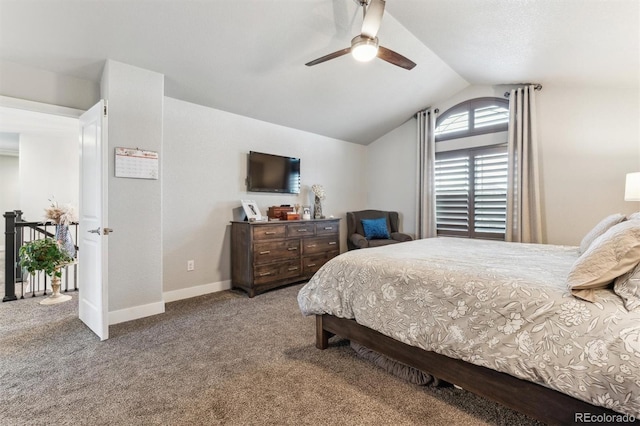 carpeted bedroom featuring ceiling fan, baseboards, and lofted ceiling