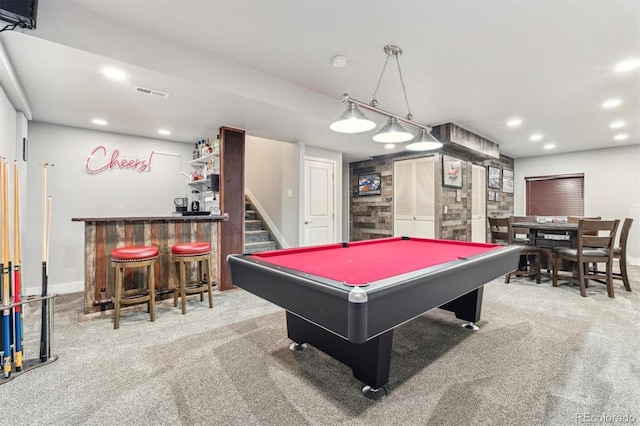 game room featuring a bar, recessed lighting, carpet flooring, and pool table