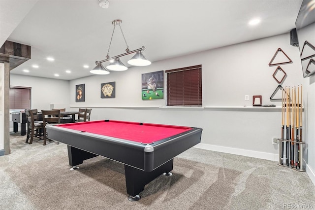 game room with carpet flooring, pool table, baseboards, and recessed lighting