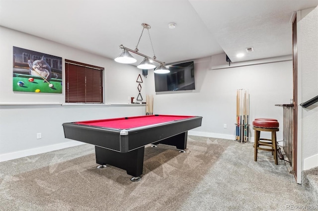 rec room featuring carpet flooring, visible vents, baseboards, and billiards