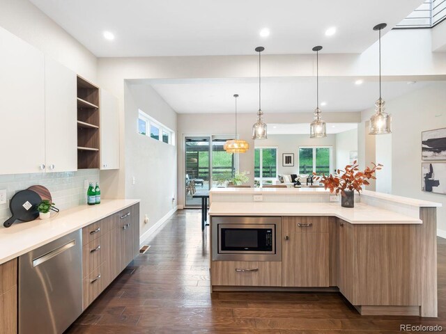 6096 W Keene Ave, Denver, CO 80235 - kitchen with appliances with stainless steel finishes, open shelves, light countertops, dark wood finished floors, and recessed lighting