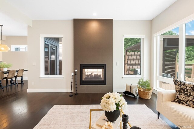 6096 W Keene Ave, Denver, CO 80235 - living room featuring dark wood-style floors, a multi sided fireplace, and recessed lighting