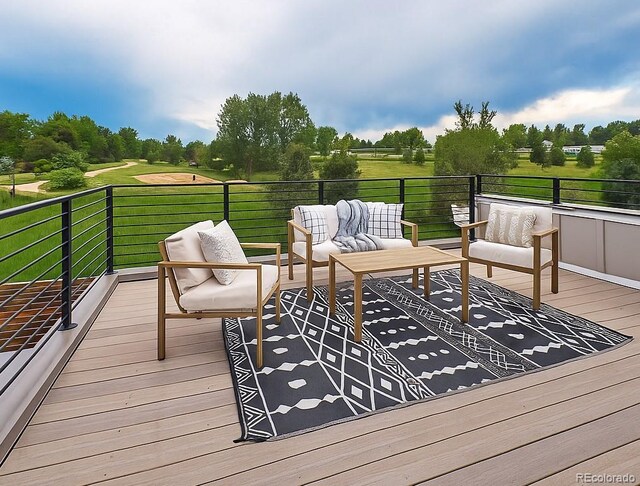 6096 W Keene Ave, Denver, CO 80235 - wooden terrace with an outdoor hangout area and view of wooded area