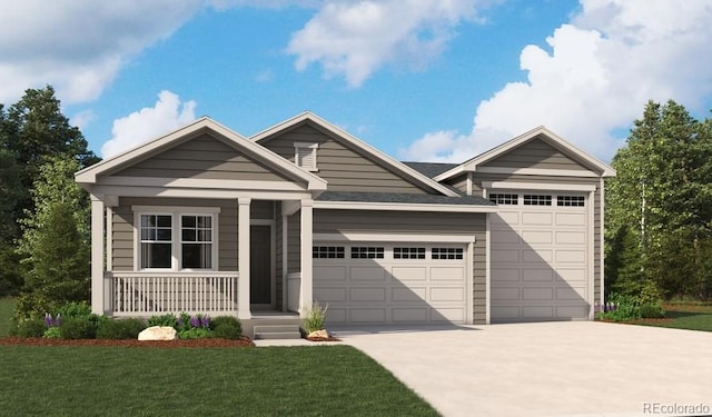 view of front facade featuring a garage, covered porch, driveway, and a front yard