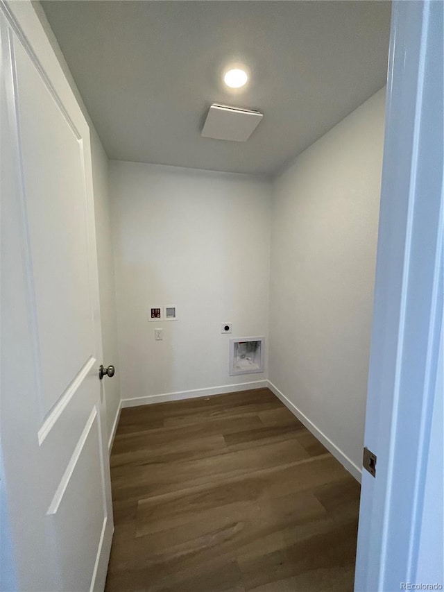 clothes washing area featuring laundry area, baseboards, dark wood-style flooring, washer hookup, and electric dryer hookup