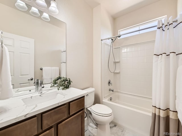 4561 Hope Cir, Broomfield, CO 80023 - full bath with vanity, shower / tub combo with curtain, and marble look tile flooring