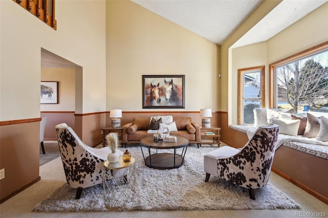 living area with light carpet, a textured ceiling, and high vaulted ceiling