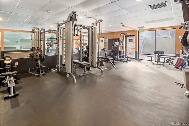 exercise room featuring a healthy amount of sunlight and a paneled ceiling