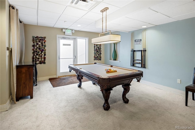 recreation room with a drop ceiling, light colored carpet, and billiards