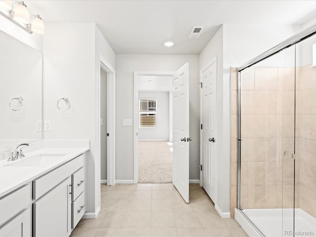 8850 Sedalia St, Commerce City, CO 80022 - bathroom featuring a shower stall, vanity, baseboards, and recessed lighting