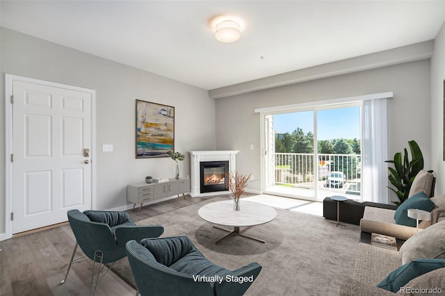 living room featuring a glass covered fireplace, wood finished floors, and baseboards