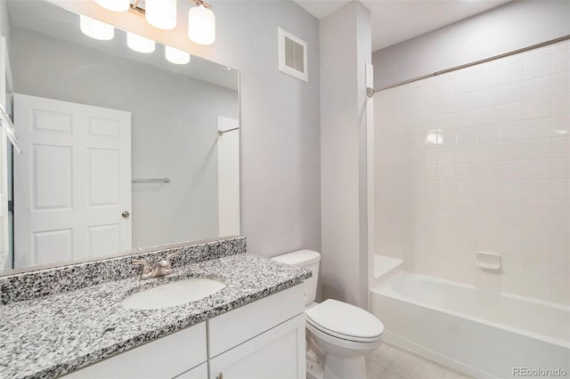 full bath with vanity, visible vents,  shower combination, tile patterned flooring, and toilet