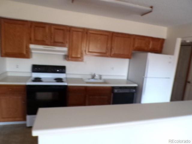 kitchen with sink, ventilation hood, and white appliances