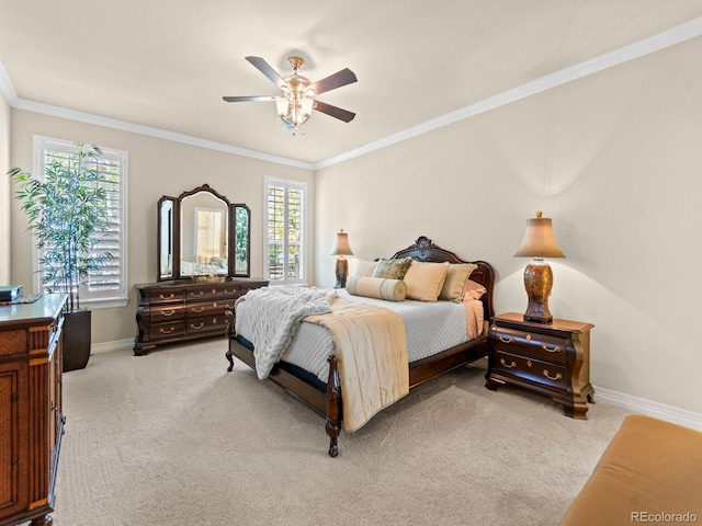 13645 Osage Ct, Broomfield, CO 80023 - bedroom with light colored carpet, multiple windows, crown molding, and ceiling fan