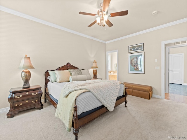 13645 Osage Ct, Broomfield, CO 80023 - bedroom featuring carpet, ornamental molding, a ceiling fan, and ensuite bathroom