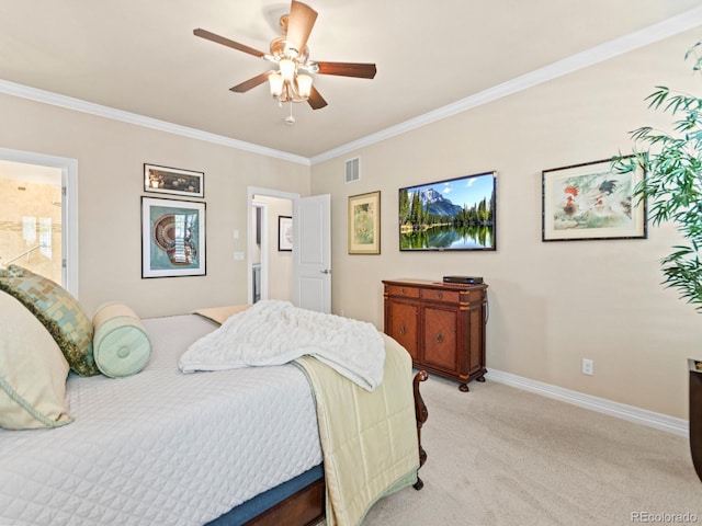 13645 Osage Ct, Broomfield, CO 80023 - bedroom featuring light colored carpet, ornamental molding, and ceiling fan