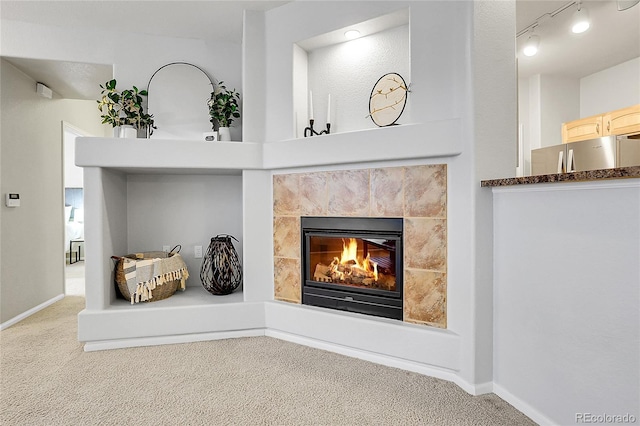 detailed view of freestanding refrigerator, carpet flooring, a fireplace, and baseboards