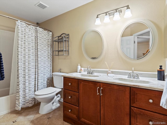885 Sage Sparrow Cir, Highlands Ranch, CO 80129 - bathroom with double vanity, shower / bath combo with shower curtain, and tile patterned floors