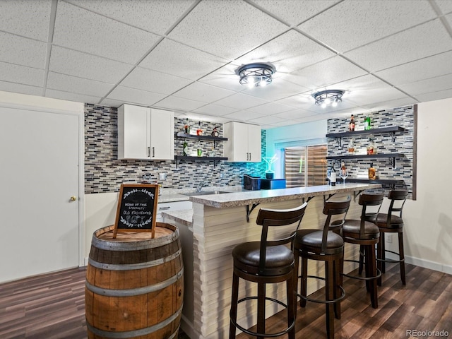 885 Sage Sparrow Cir, Highlands Ranch, CO 80129 - indoor wet bar with dark wood finished floors, a paneled ceiling, and decorative backsplash