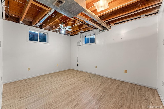 basement with light hardwood / wood-style floors