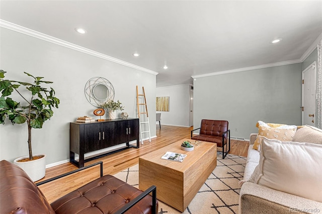 living room with light hardwood / wood-style floors and crown molding