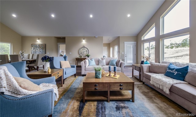 living room with high vaulted ceiling and dark hardwood / wood-style floors