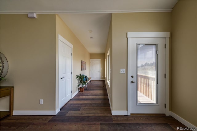 interior space with ornamental molding and dark hardwood / wood-style flooring