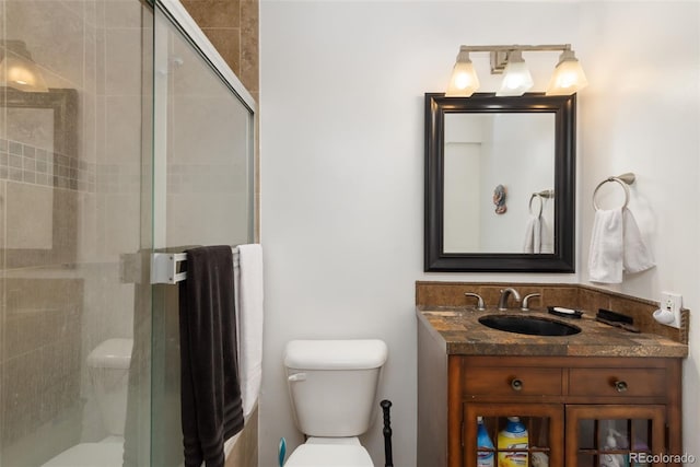 full bathroom featuring toilet, a shower stall, and vanity