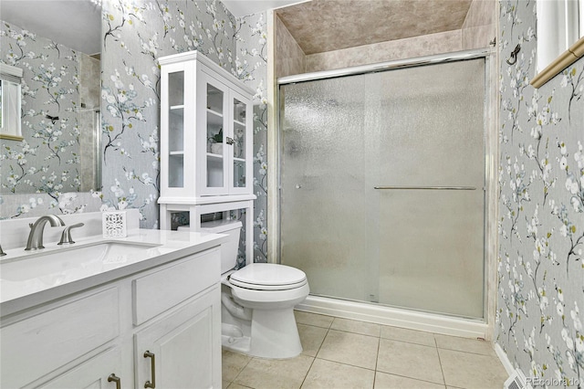 12355 E Arkansas Pl, Aurora, CO 80012 - full bathroom featuring wallpapered walls, tile patterned flooring, a stall shower, toilet, and vanity