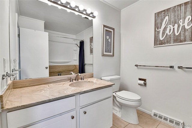 12355 E Arkansas Pl, Aurora, CO 80012 - bathroom featuring ornamental molding, tile patterned floors, toilet, vanity, and curtained shower