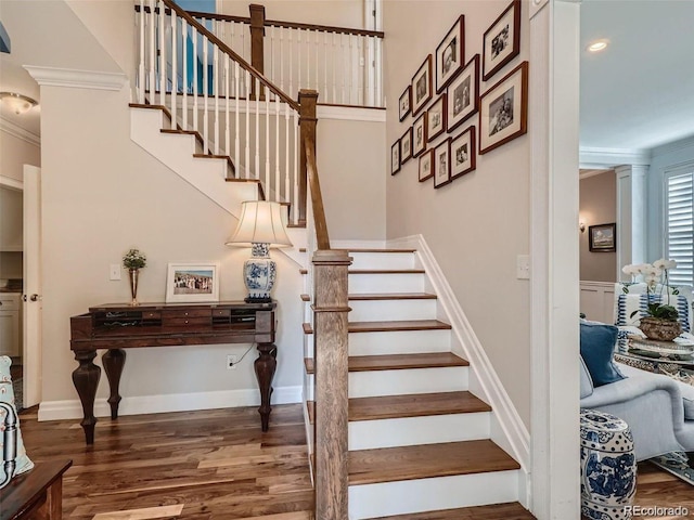 930 Kearney St, Denver, CO 80220 - staircase with wood finished floors, crown molding, and recessed lighting