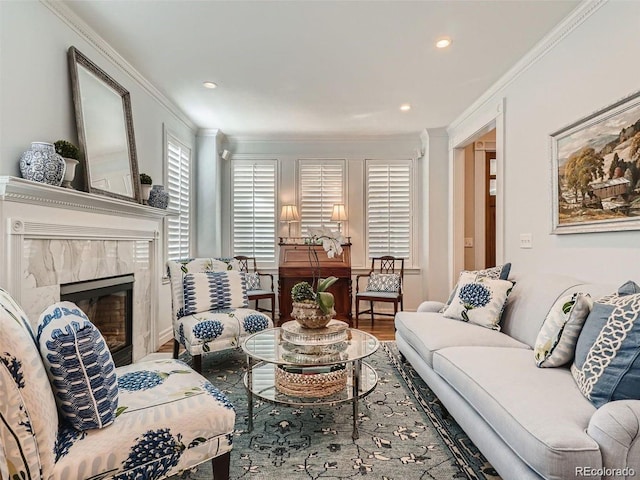 930 Kearney St, Denver, CO 80220 - living area with a high end fireplace, crown molding, recessed lighting, and wood finished floors