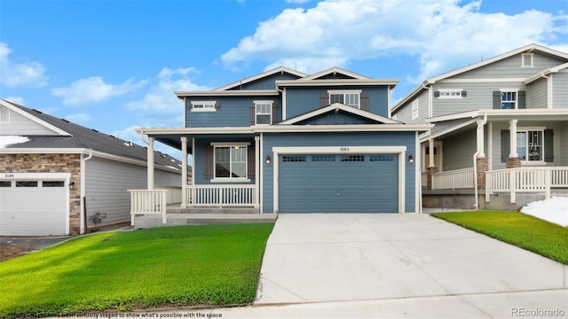 craftsman-style home with covered porch, concrete driveway, a front yard, and an attached garage