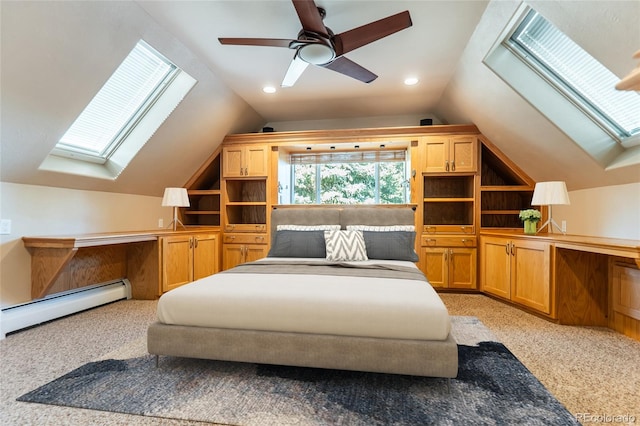 carpeted bedroom featuring a baseboard radiator, ceiling fan, and vaulted ceiling