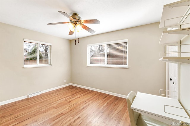 interior space featuring light hardwood / wood-style flooring and ceiling fan