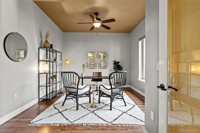 office featuring ceiling fan, french doors, wood finished floors, and baseboards