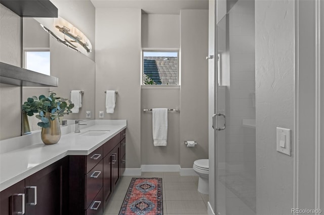 bathroom featuring a stall shower, baseboards, toilet, tile patterned flooring, and vanity