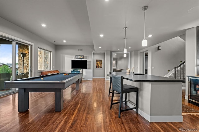 game room featuring billiards, baseboards, dark wood finished floors, a sink, and recessed lighting