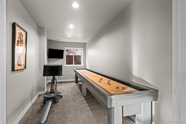 recreation room featuring baseboards, carpet, and recessed lighting