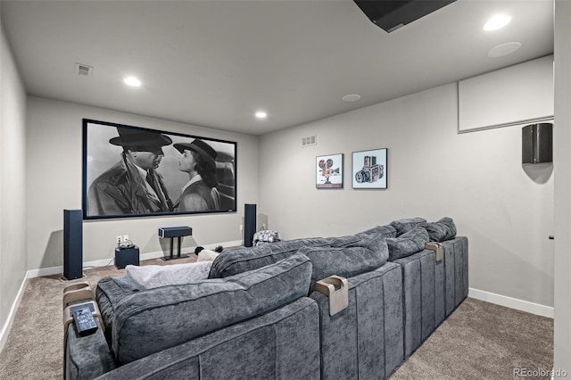 cinema room with carpet floors, recessed lighting, and baseboards