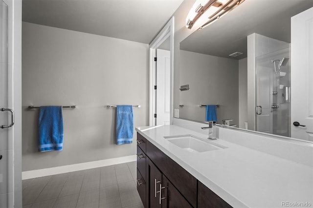 full bathroom with a stall shower, visible vents, baseboards, and vanity