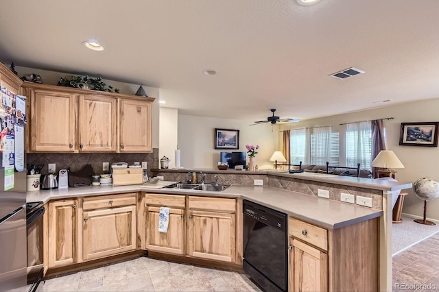 12835 Mayfair Way Unit C, Englewood, CO 80112 - kitchen with black appliances, light brown cabinetry, a peninsula, and recessed lighting
