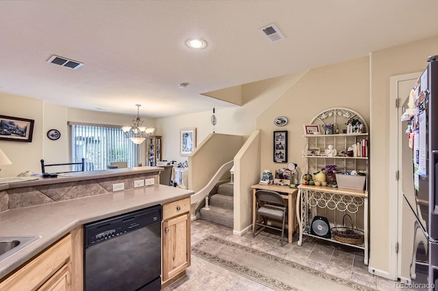 12835 Mayfair Way Unit C, Englewood, CO 80112 - kitchen featuring stainless steel dishwasher, a chandelier, recessed lighting, pendant lighting, and light brown cabinets