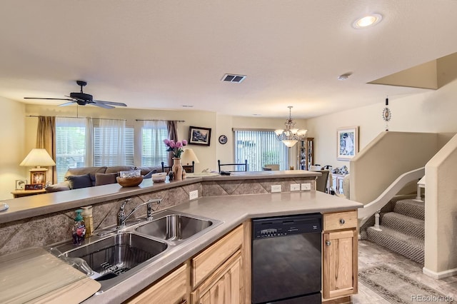 12835 Mayfair Way Unit C, Englewood, CO 80112 - kitchen with dishwashing machine, open floor plan, a chandelier, light brown cabinets, and recessed lighting