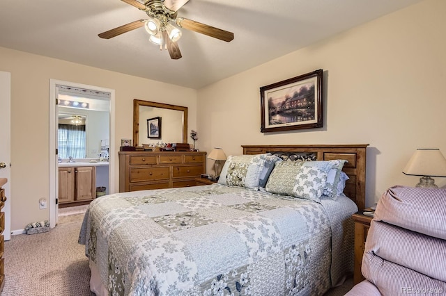 12835 Mayfair Way Unit C, Englewood, CO 80112 - bedroom with light colored carpet, ceiling fan, and connected bathroom