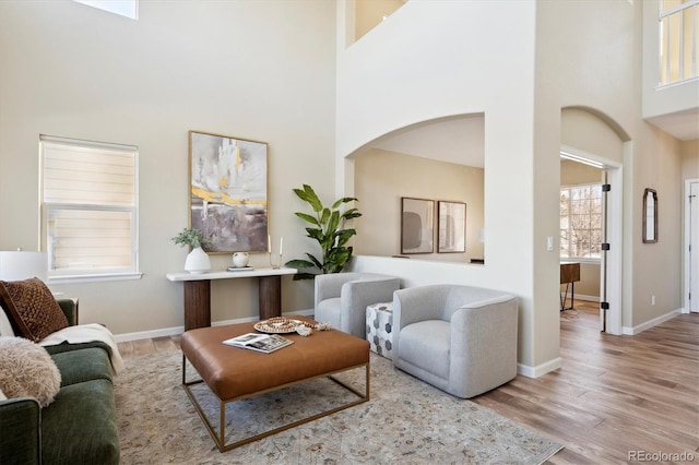 living room featuring a high ceiling and light hardwood / wood-style flooring