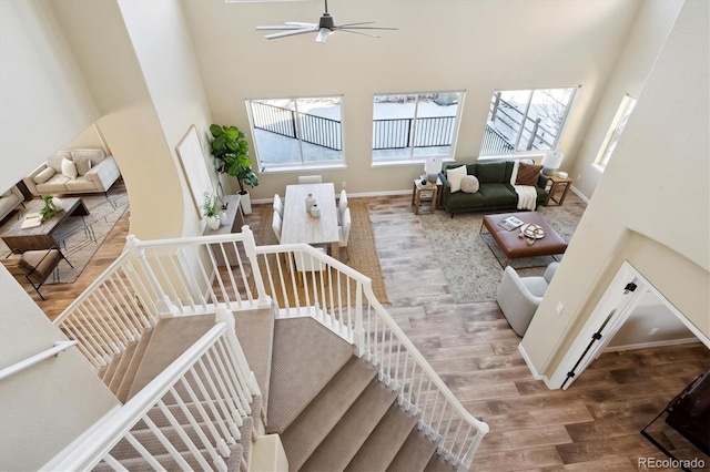 stairway with a towering ceiling, ceiling fan, a wealth of natural light, and hardwood / wood-style floors