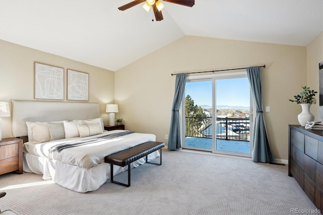 carpeted bedroom with vaulted ceiling, ceiling fan, and access to exterior