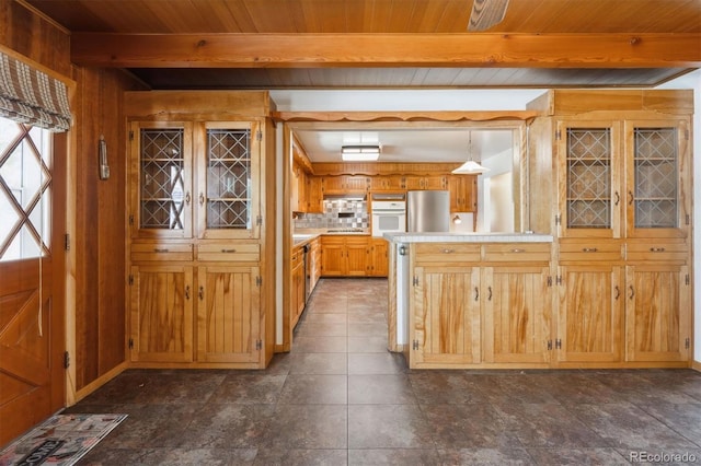 209 S 13th Ave, Brighton, CO 80601 - kitchen with white oven, light countertops, wood ceiling with exposed beams, a peninsula, and decorative backsplash